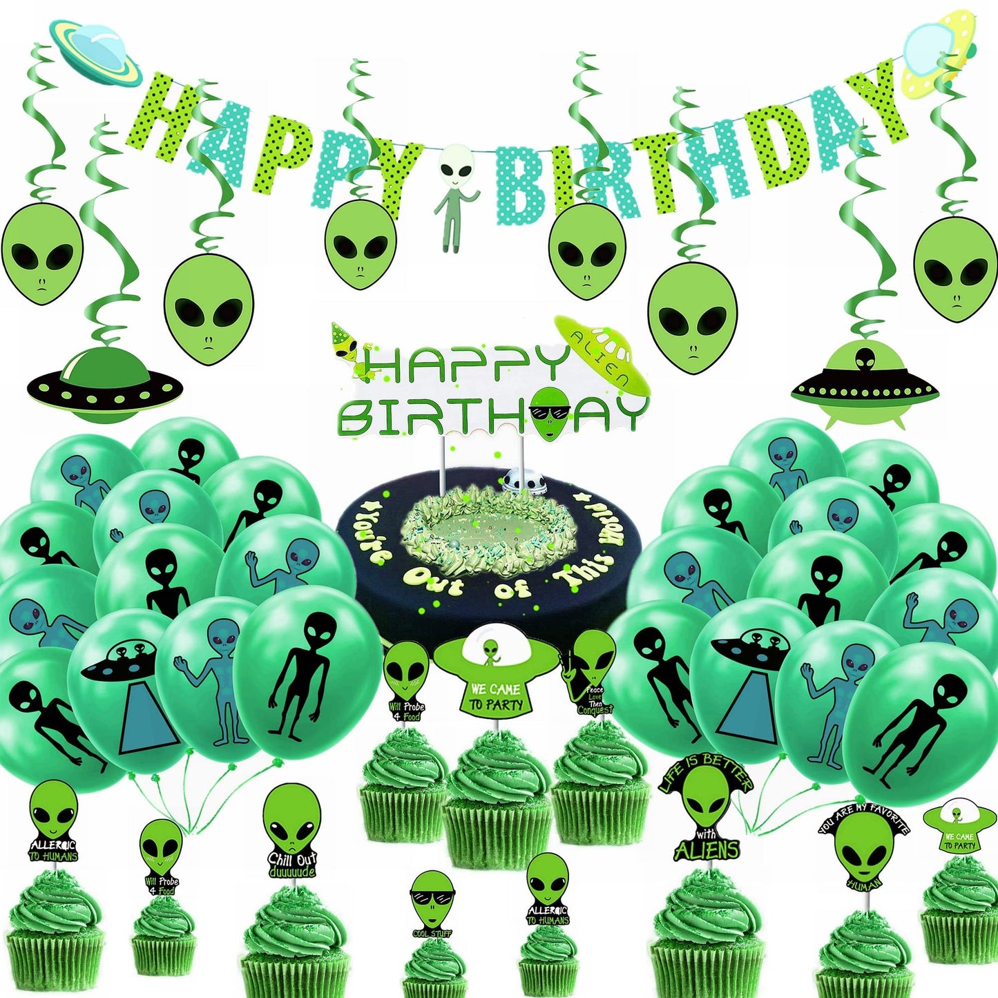 Alien Blast Party Pack - 54pc UFO Themed Birthday Decor Kit with Banner, Swirls, Balloons, Cupcake Toppers - Ideal for Kids Birthdays & Showers