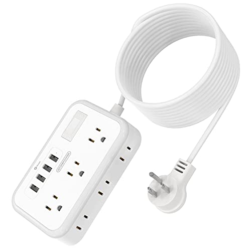 Extension Cord 15 ft, Flat Plug Power Strip with Long Cord, 6 Widely Spaced Outlets 4 USB Ports Desktop Charging Station, Mounted for Indoor Home Office Nightstand and Dorm Essentials, White