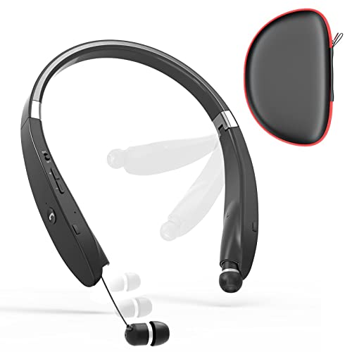 Bluetooth Neckband Headphones, Foldable Wireless Lightweight Neck Headset with Retractable Earbuds, Noise Cancelling Sweatproof Stereo Earphones with Mic & Carrying Case (Black)