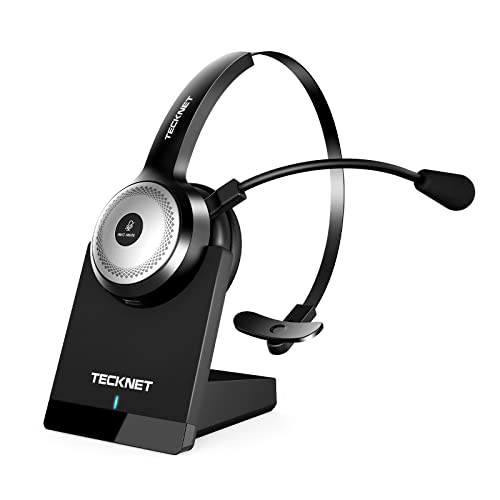 Bluetooth 5.0 Wireless Headset with AI Noise Cancelling Microphone and Charging Base for Laptop, On Ear Bluetooth Headphone Telephone Headset for PC, Cell Phone, Skype, All Day Battery Life