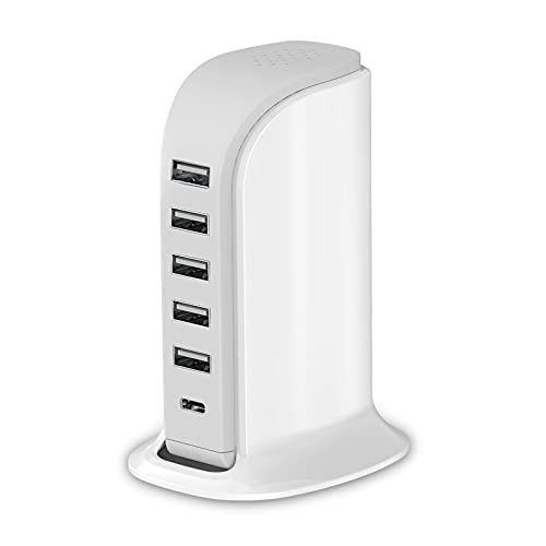 Charging Station for Multiple Devices 40W , Wall Charger Block 5 USB Ports(Shared 6A), USB Charging Hub Smart IC, Charger Tower with Type-C 3A for iPhone iPad Tablets Smartphones, Home Office Use