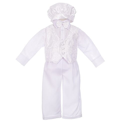 Baby Boys Christening Baptism Outfit Suit with Vast Cap 5-Piece Set Infant Size 3-6 Months White