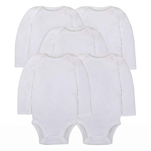 Baby Super Combed Natural Cotton Long Sleeve Bodysuit, Snap Closure, 5 Pack, Plain White, 3 Months