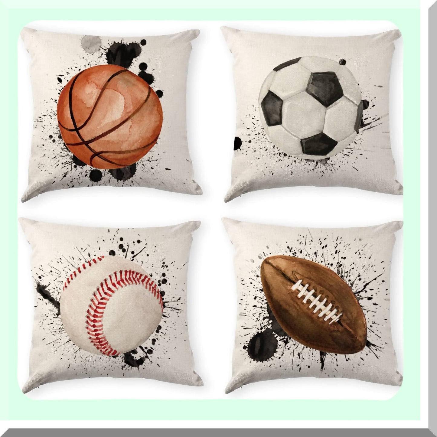 Sports Ball Pillow Covers Set - Boys Room Decor 18x18 - Kids Throw Cushion Cases - Cotton Linen Watercolor - Sofa Bedroom Couch Home Decoration