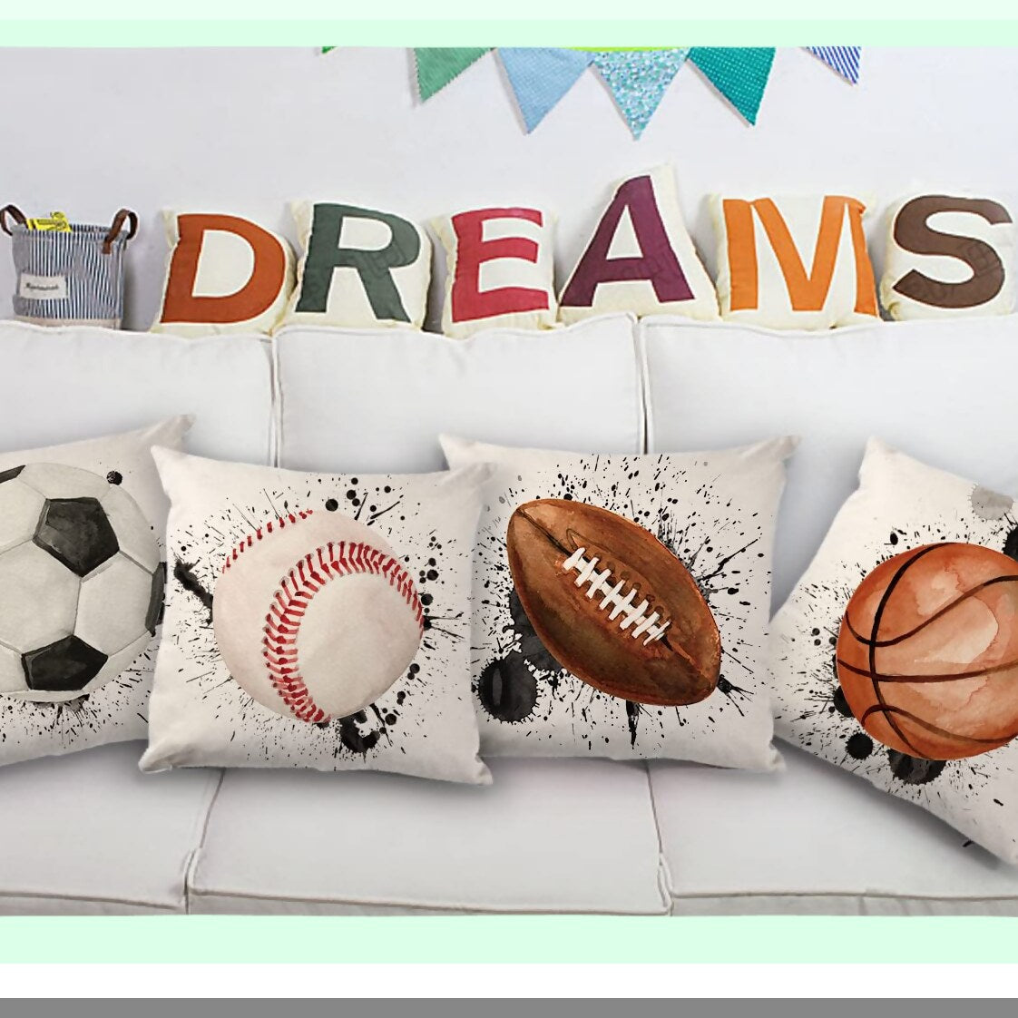 Sports Ball Pillow Covers Set - Boys Room Decor 18x18 - Kids Throw Cushion Cases - Cotton Linen Watercolor - Sofa Bedroom Couch Home Decoration