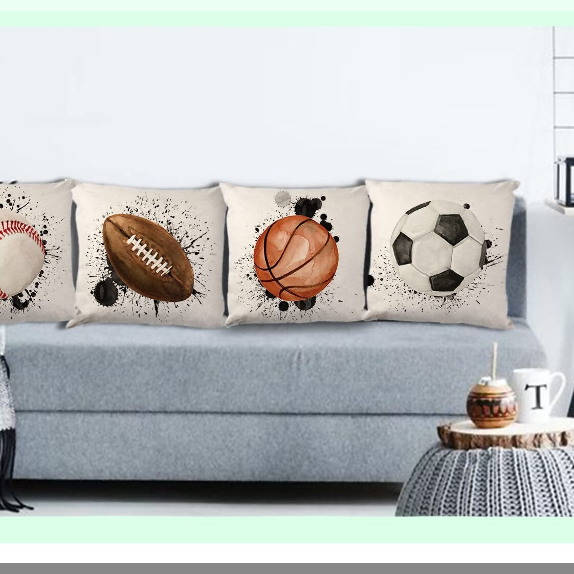 Sports Ball Pillow Covers Set - Boys Room Decor 18x18 - Kids Throw Cushion Cases - Cotton Linen Watercolor - Sofa Bedroom Couch Home Decoration
