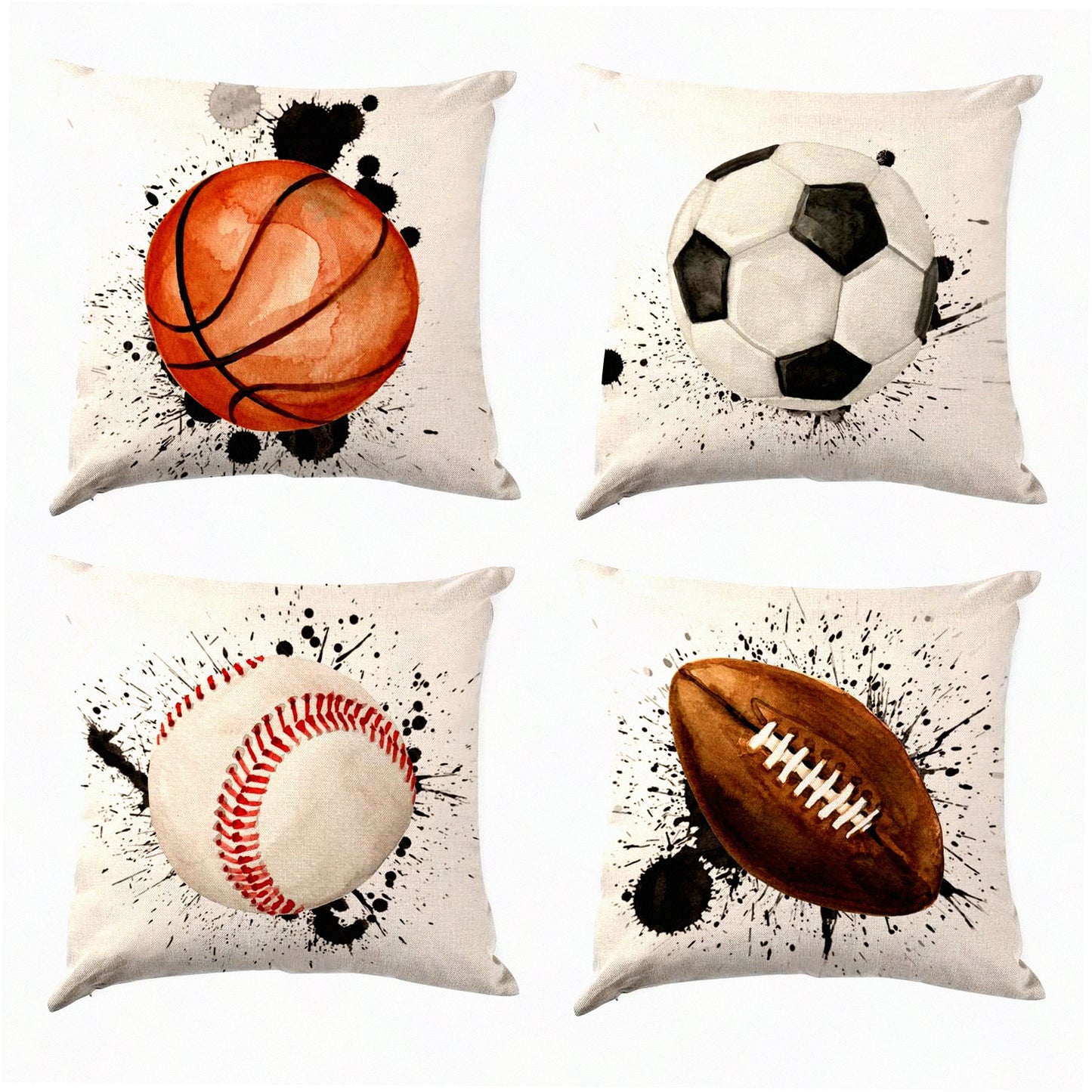 Sports Ball Pillow Covers Set - Boys Room Decor 18x18 - Kids Throw Cushion Cases - Cotton Linen Watercolor - Sofa Bedroom Couch Home Decoration