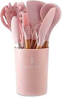 Pink 12-Piece Wooden Handle Silicone Cookware Set with Storage