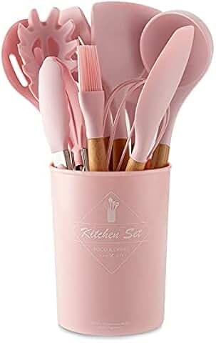 Pink 12-Piece Wooden Handle Silicone Cookware Set with Storage