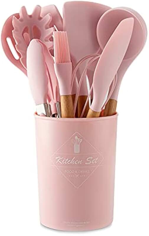 Pink 12-Piece Wooden Handle Silicone Cookware Set with Storage