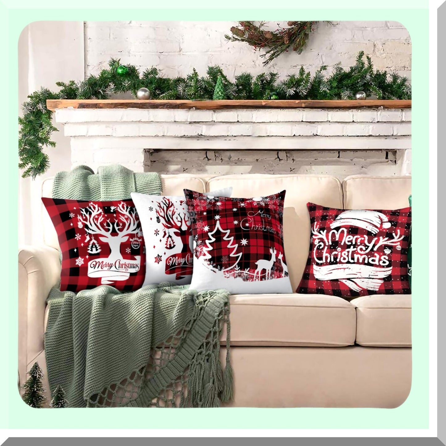 Winter Wonderland Plaid Pillow Covers - Set of 4, Holiday Party Throw Pillows for Couch - Farmhouse Decor 18 x 18 Inches