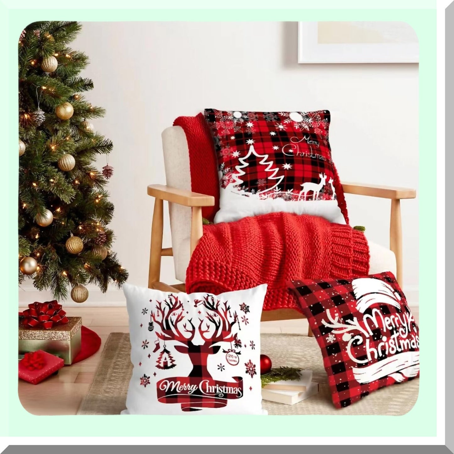 Winter Wonderland Plaid Pillow Covers - Set of 4, Holiday Party Throw Pillows for Couch - Farmhouse Decor 18 x 18 Inches