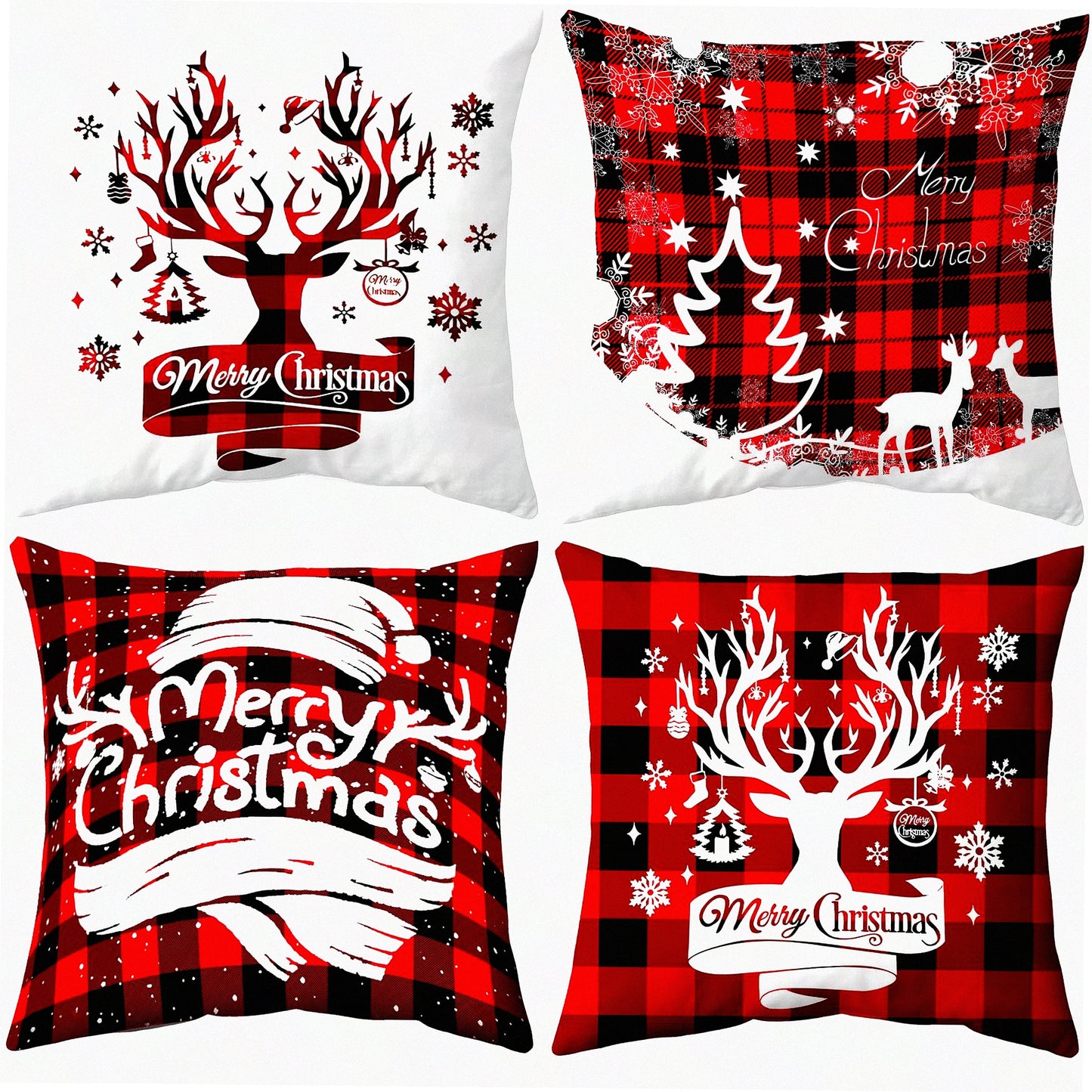 Winter Wonderland Plaid Pillow Covers - Set of 4, Holiday Party Throw Pillows for Couch - Farmhouse Decor 18 x 18 Inches