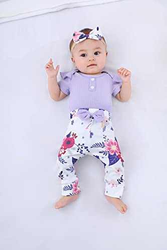 Infant Baby Girl Clothes Romper Floral Pant Summer Outfits Set Baby Girls' Clothing (Purple,0-3 Months)
