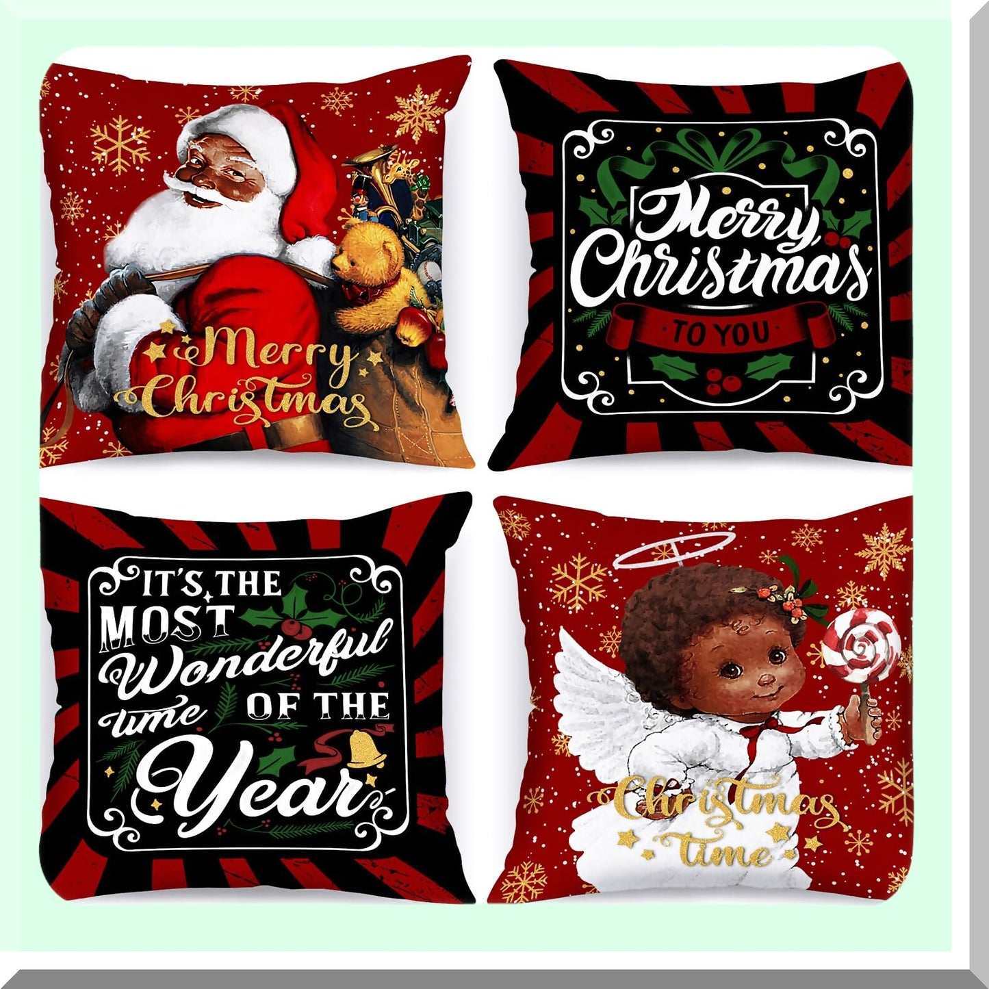 African Claus Holiday Pillow Covers - Set of 4 Black 16x16 Decorative Cushion Covers for Indoor Sofa, Couch Xmas Decor - Girl Throw Pillow Case
