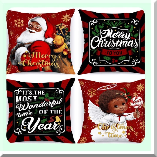 African Claus Holiday Pillow Covers - Set of 4 Black 16x16 Decorative Cushion Covers for Indoor Sofa, Couch Xmas Decor - Girl Throw Pillow Case