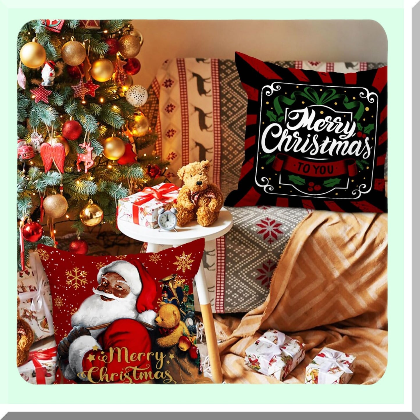 African Claus Holiday Pillow Covers - Set of 4 Black 16x16 Decorative Cushion Covers for Indoor Sofa, Couch Xmas Decor - Girl Throw Pillow Case