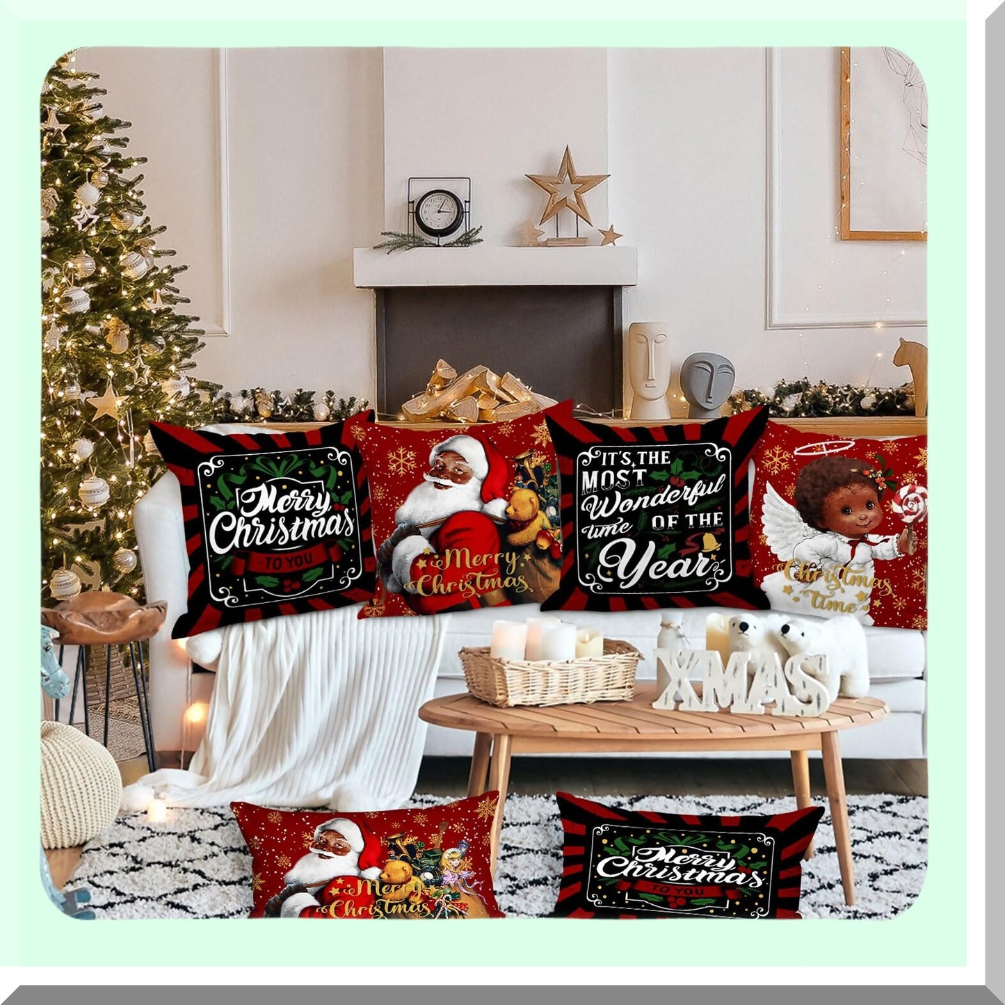African Claus Holiday Pillow Covers - Set of 4 Black 16x16 Decorative Cushion Covers for Indoor Sofa, Couch Xmas Decor - Girl Throw Pillow Case