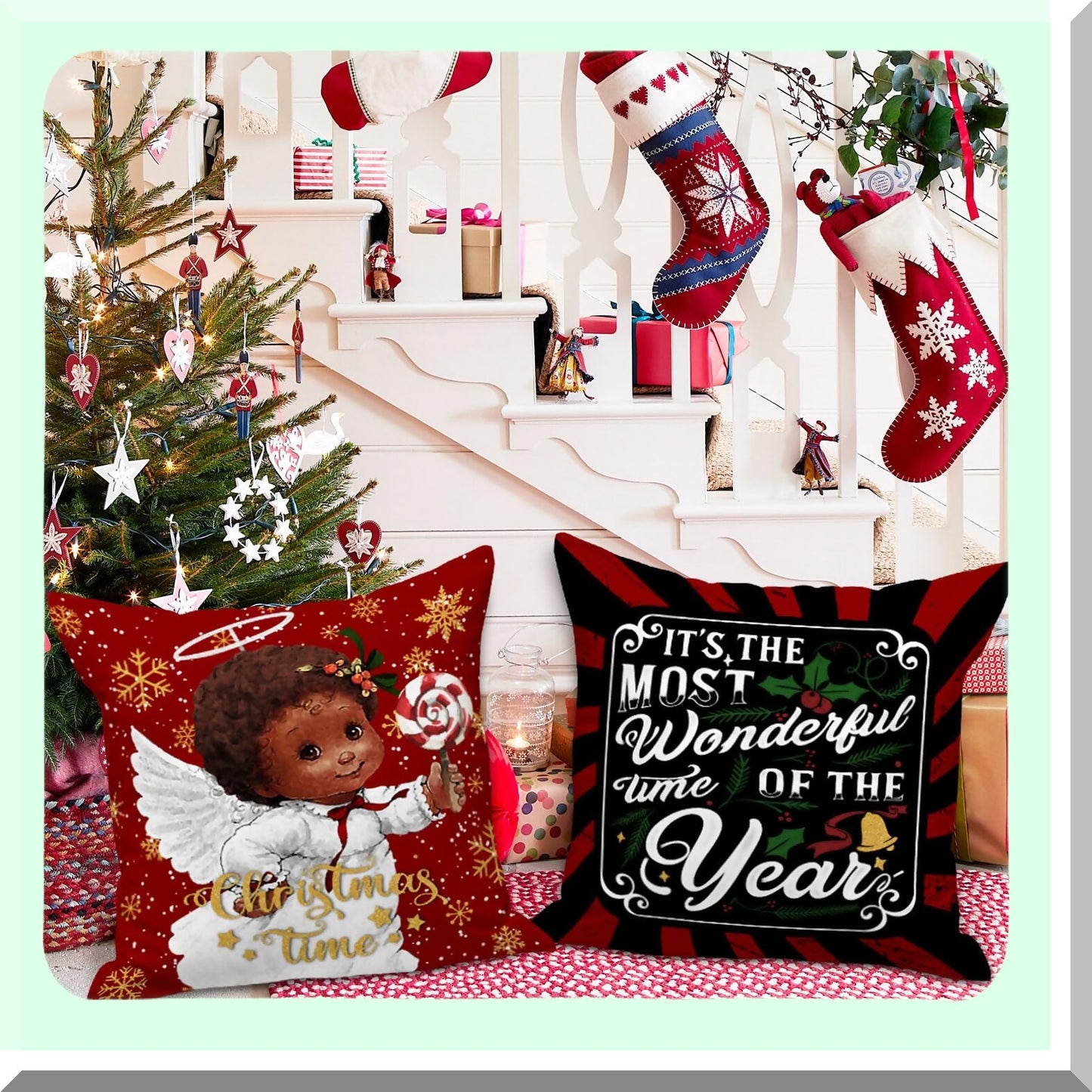 African Claus Holiday Pillow Covers - Set of 4 Black 16x16 Decorative Cushion Covers for Indoor Sofa, Couch Xmas Decor - Girl Throw Pillow Case