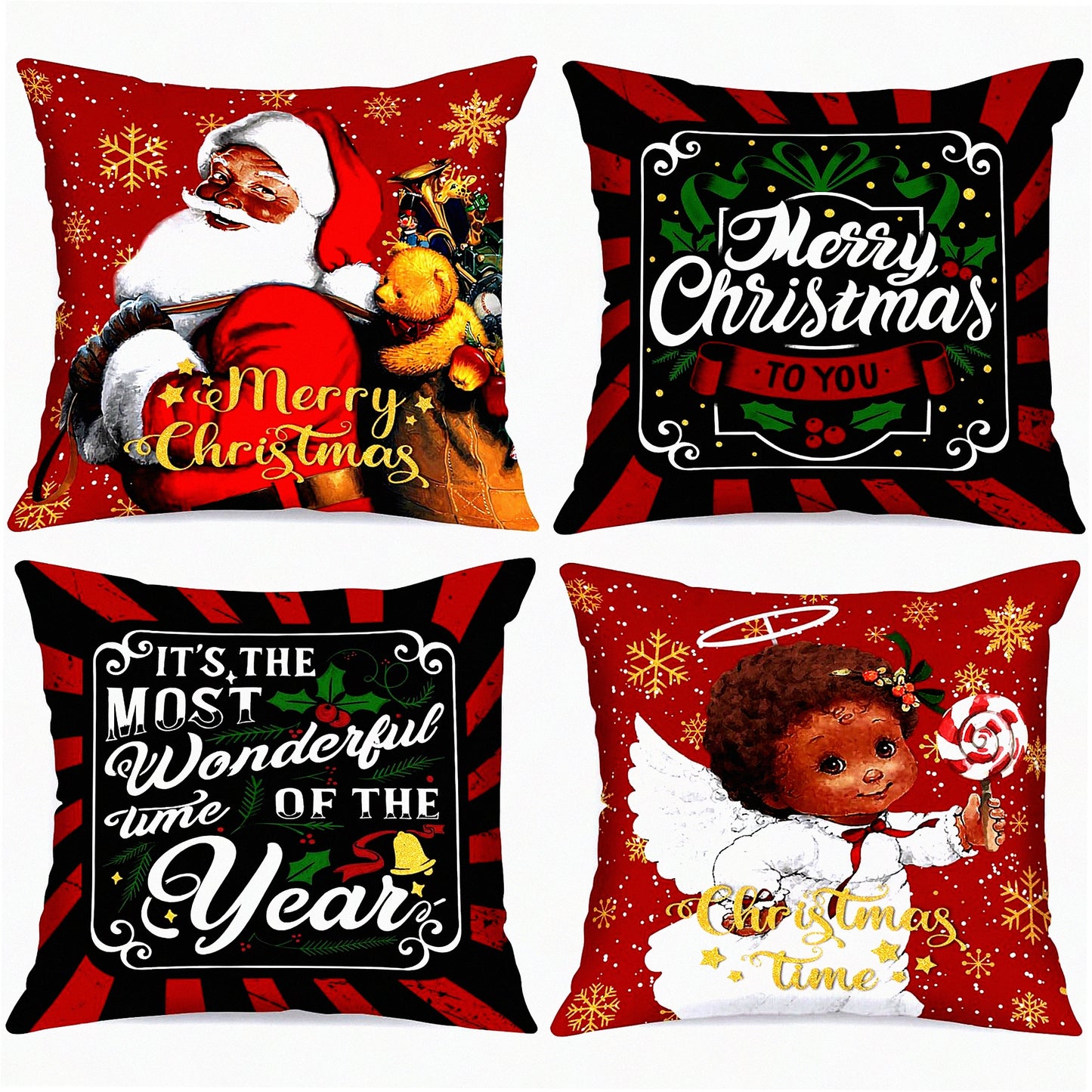 African Claus Holiday Pillow Covers - Set of 4 Black 16x16 Decorative Cushion Covers for Indoor Sofa, Couch Xmas Decor - Girl Throw Pillow Case