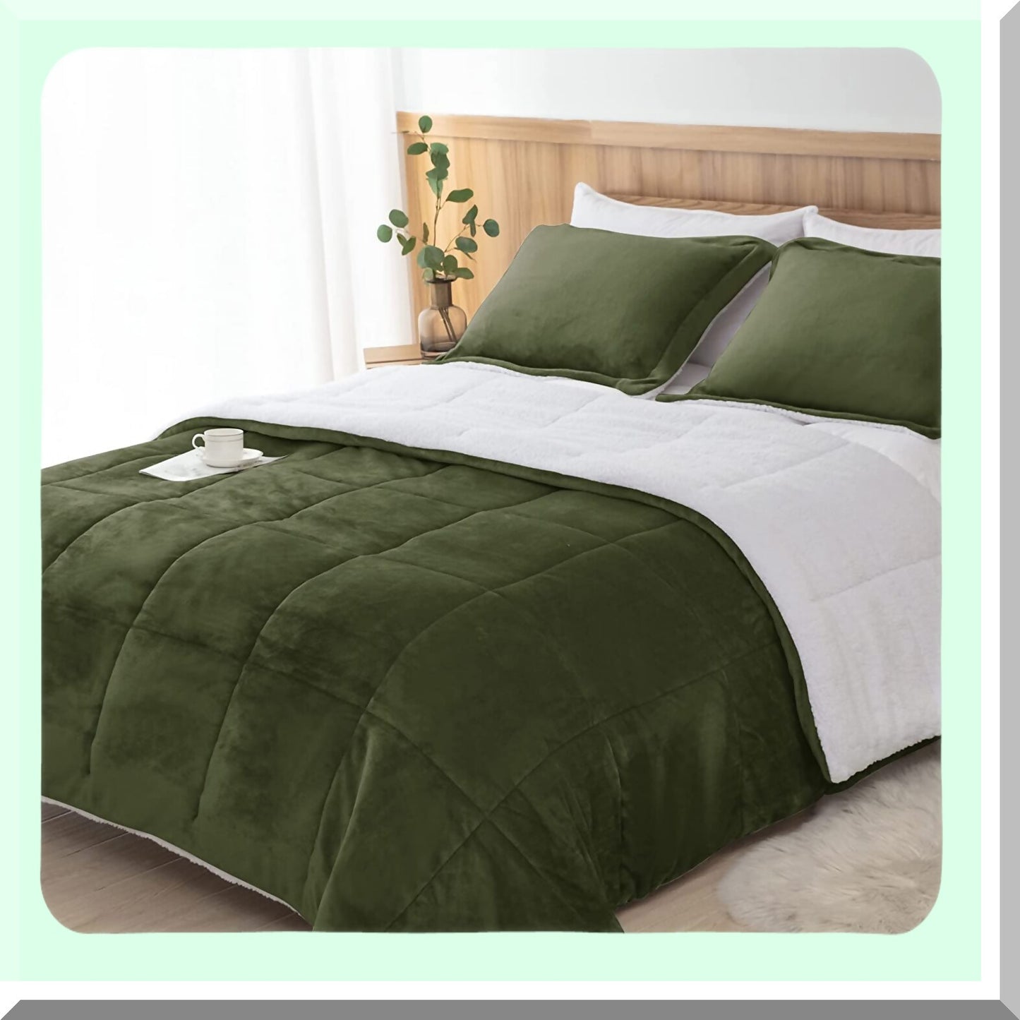 Plush Olive Green Sherpa Comforter Set - Cozy Twin XL Bedding for College Dorm - All Season Warmth with Down Alternative Fill - 2 Piece Set with Pillow Sham - Ultra Soft and Luxurious