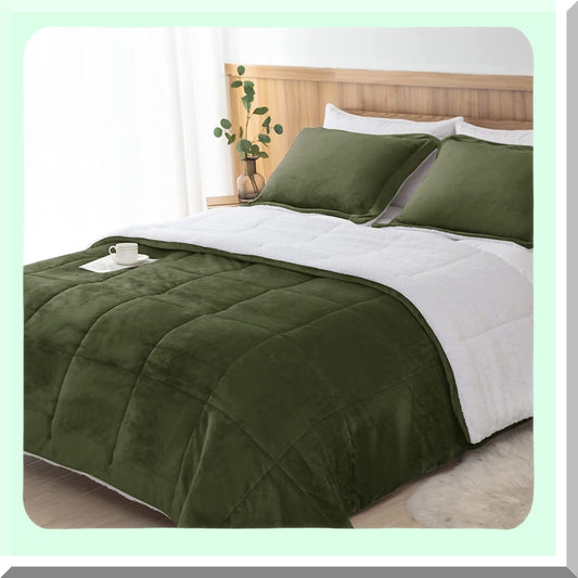 Plush Olive Green Sherpa Comforter Set - Cozy Twin XL Bedding for College Dorm - All Season Warmth with Down Alternative Fill - 2 Piece Set with Pillow Sham - Ultra Soft and Luxurious