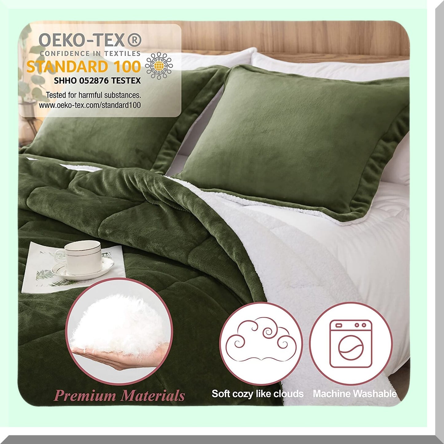 Plush Olive Green Sherpa Comforter Set - Cozy Twin XL Bedding for College Dorm - All Season Warmth with Down Alternative Fill - 2 Piece Set with Pillow Sham - Ultra Soft and Luxurious