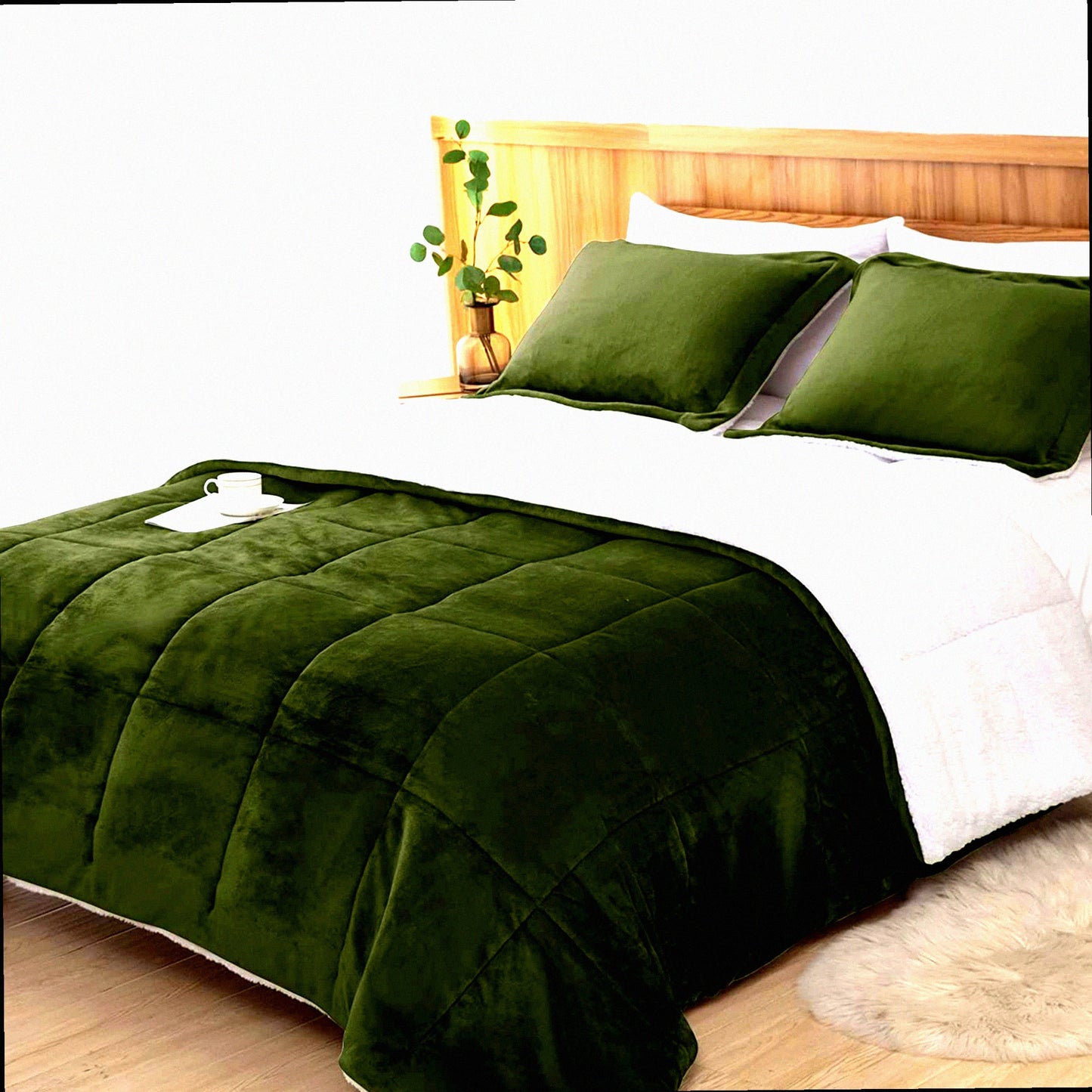 Plush Olive Green Sherpa Comforter Set - Cozy Twin XL Bedding for College Dorm - All Season Warmth with Down Alternative Fill - 2 Piece Set with Pillow Sham - Ultra Soft and Luxurious