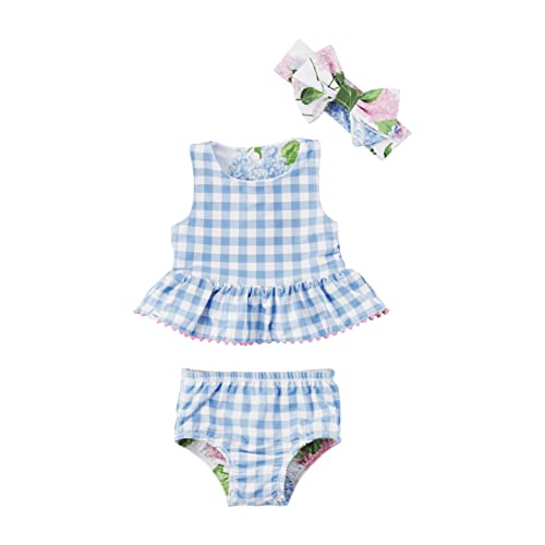 Girls Reversible Swimsuit & Headband Set, Hydrangea/Gingham, 3-6 Months