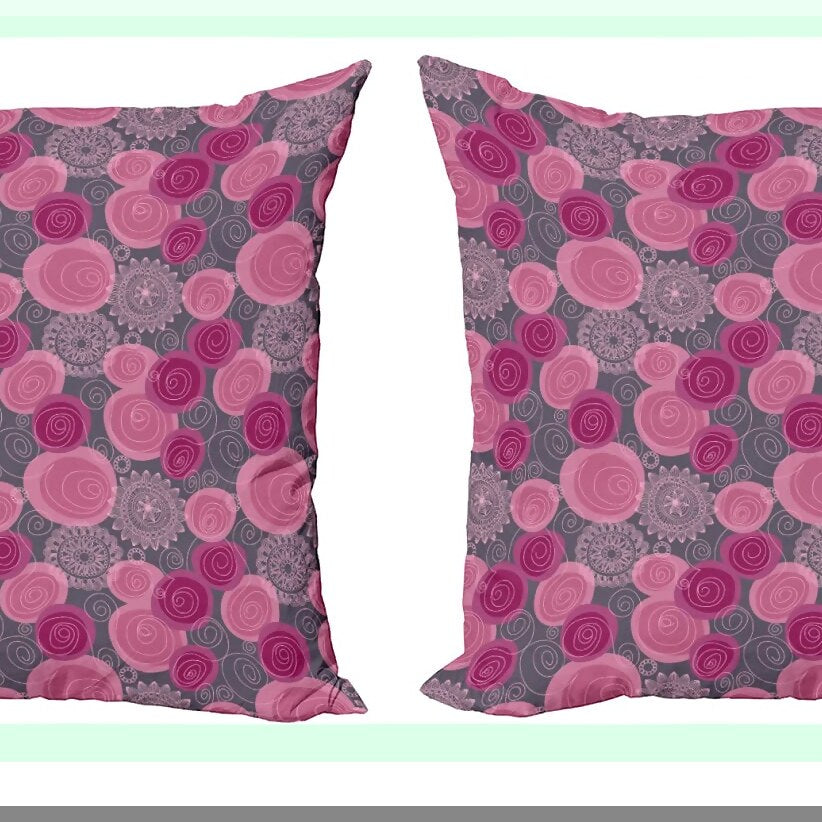 Swirled Lace Flower Decorative Pillow Cover Set - Pack of 2, Doodle Style Ornamental Flourish Cushion Case for Couch, Bedroom, Living Room - 20", Fuchsia Magenta Grey