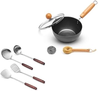 Set of 4 kitchen utensils with wooden handles and 1.5 qt iron sauce pan