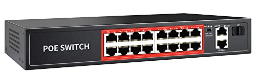 PoE Switch with 16 POE Ports +2 Gigabit Uplink,1 x 1G SFP,802.3af/at PoE+ 100Mbps, 200W Built-in Power, Extend to 250Meter,Unmanaged Metal Plug and Play