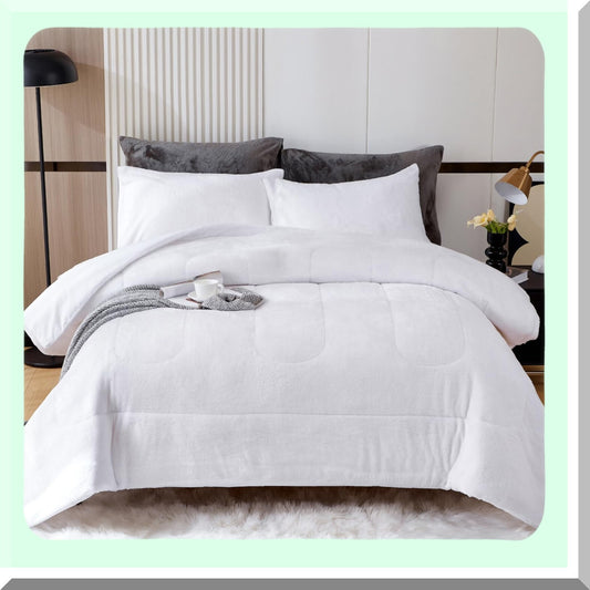 Winter Bliss Plush Comforter Set - Queen Size Ultra Soft Fluffy Bedding with Shaggy Comforter and Pillowcases - Luxury White Warm Fuzzy 3PC Set