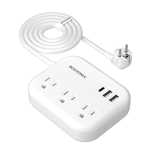 European travel plug adapter with USB C and three outlets