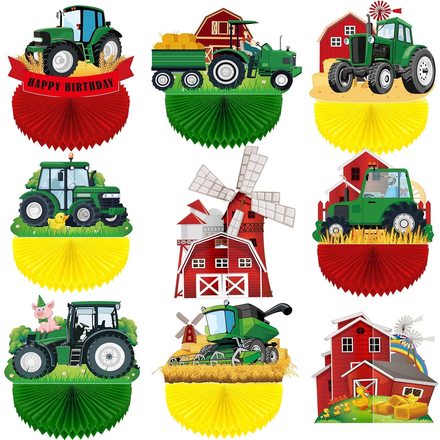 Tractor Farmhouse Table Centerpiece - Green Tractor Birthday Party Decorations Set with Farmer Theme - 9 Piece Tractor Lawn Party Supplies & Farm Truck Topper