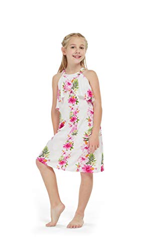 Girl Hawaiian Round Neck with Ruffle Dress in Pink Hibiscus Vine Size 8