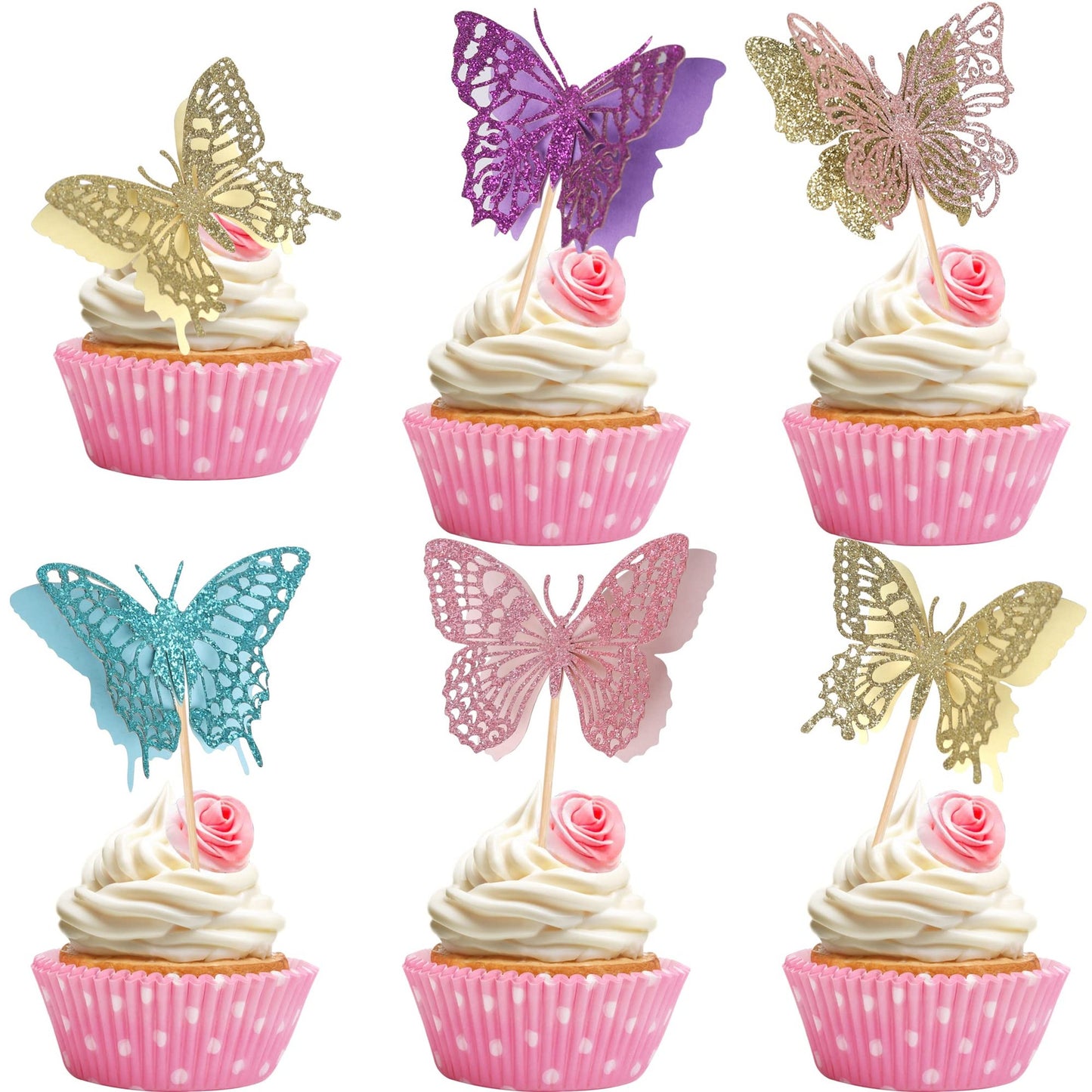 Butterfly Bliss Cupcake Toppers - Glittery Double Layered Picks for Baby Shower & Kids Birthday Party Decorations - 30 Assorted Styles in Vibrant Colors