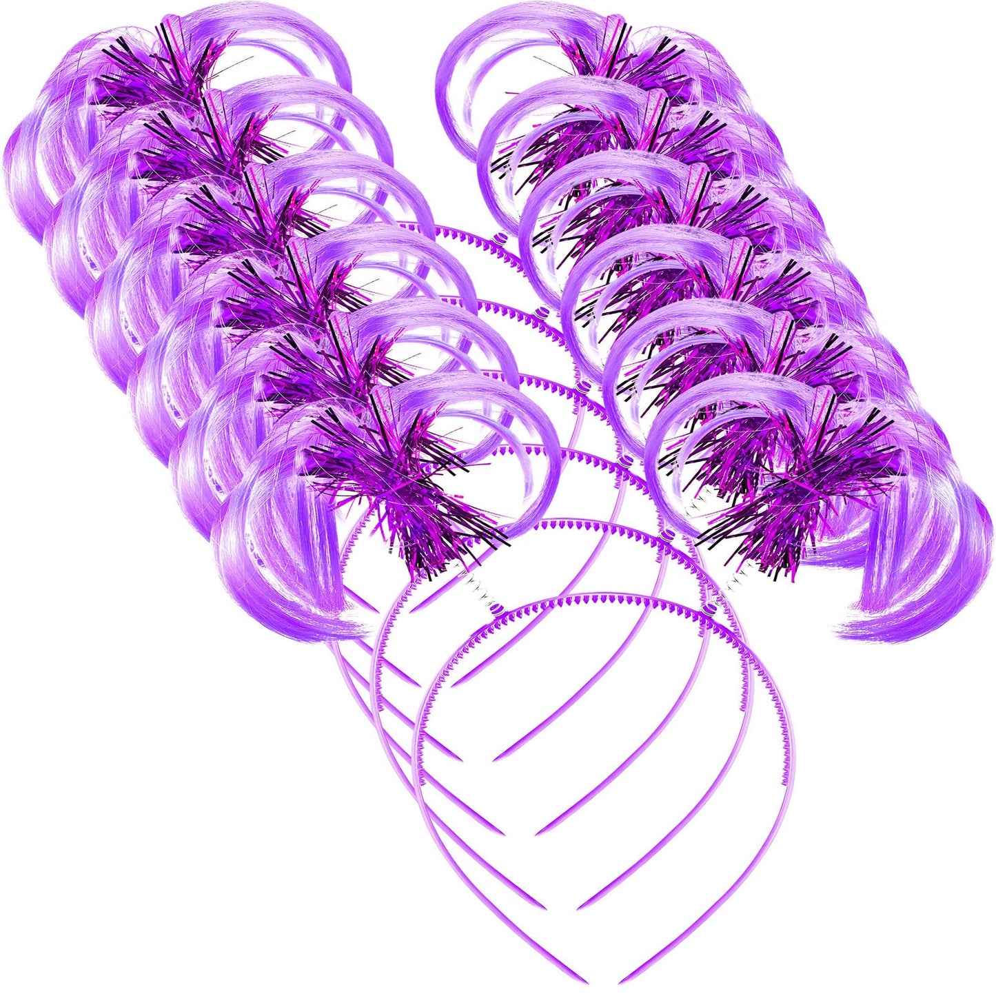 Feathered Tinsel Ponytail Headband Set - Crazy Hair Day Party Boppers for Women - 6 Piece Purple Hair Accessories - Fun and Festive Hairwear