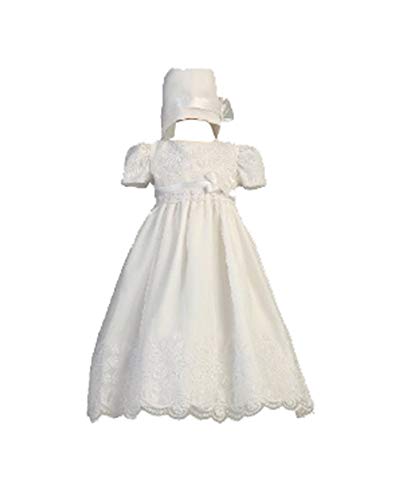 Long White Classy Embroidered Organza Christening Gown with Matching Hat