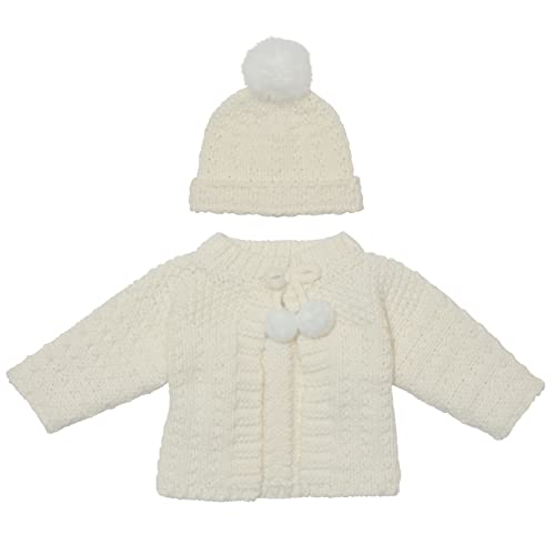 Girls' 2-Piece Cable Knit Sweater and Hat with Faux Fur Pom Set, White, 0-6 Months