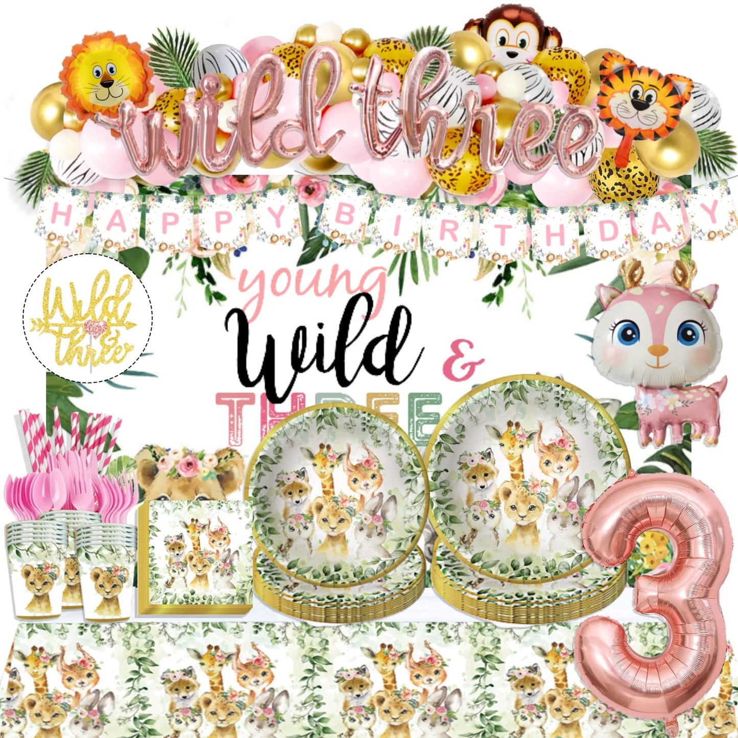 Jungle Safari Party Pack - Complete Set for 3rd Birthday Celebration with Decorations, Backdrop, Balloon Garland, and Tableware