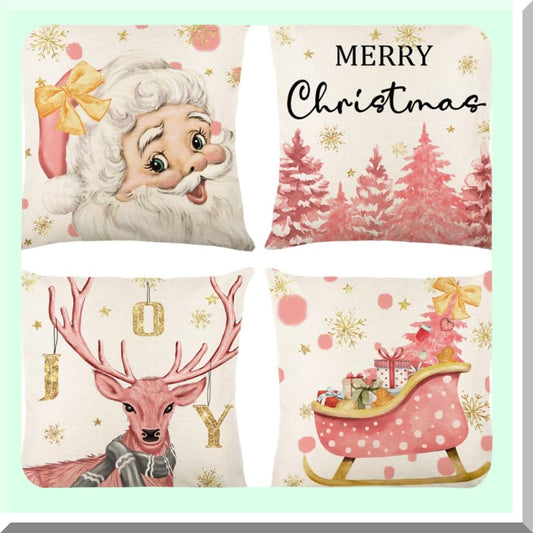 Winter Wonderland Pink Pillow Covers - Set of 4, Merry Tree Reindeer Holiday Xmas Throw Pillows Cover Farmhouse Decoration Linen Pillowcase for Home Sofa Decor