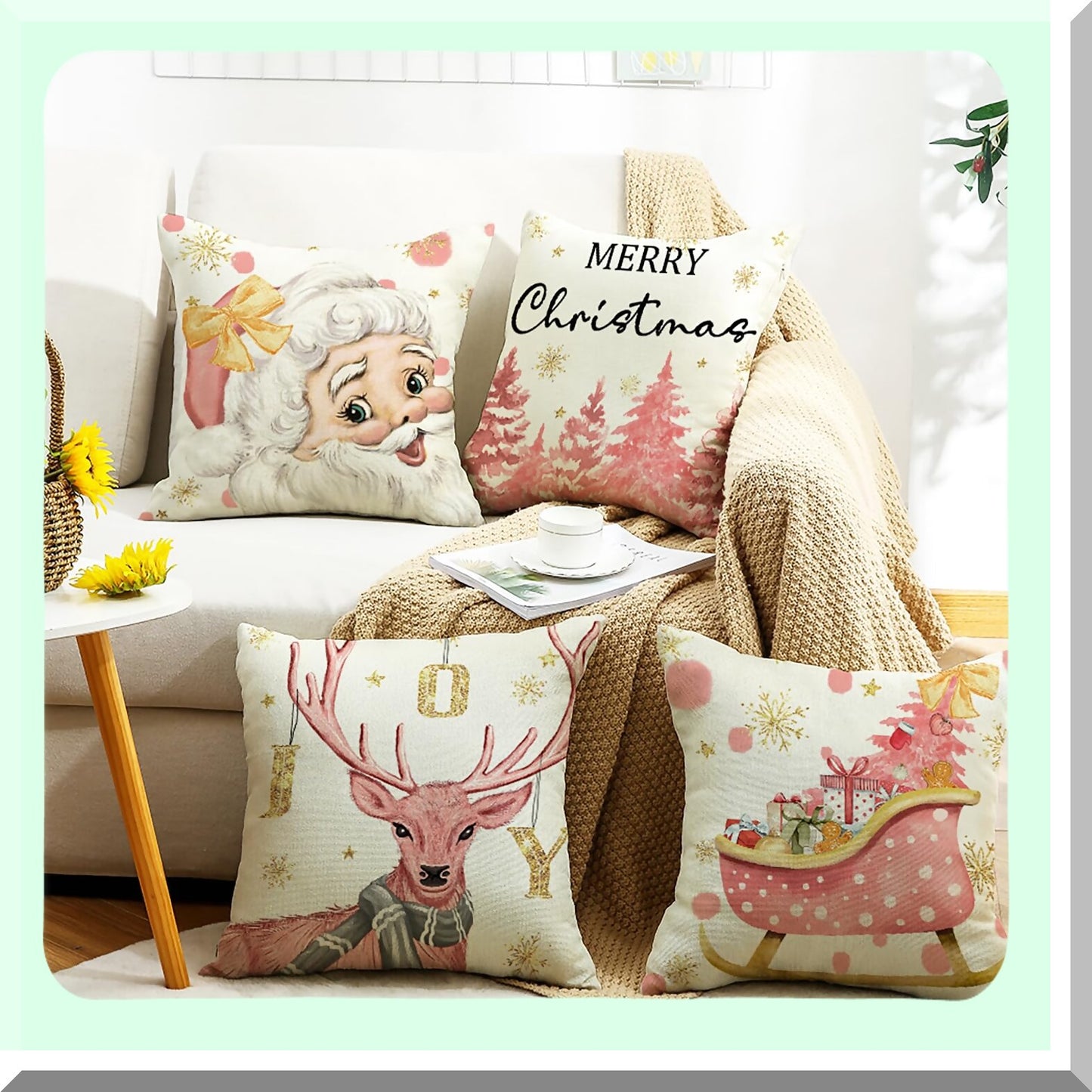 Winter Wonderland Pink Pillow Covers - Set of 4, Merry Tree Reindeer Holiday Xmas Throw Pillows Cover Farmhouse Decoration Linen Pillowcase for Home Sofa Decor