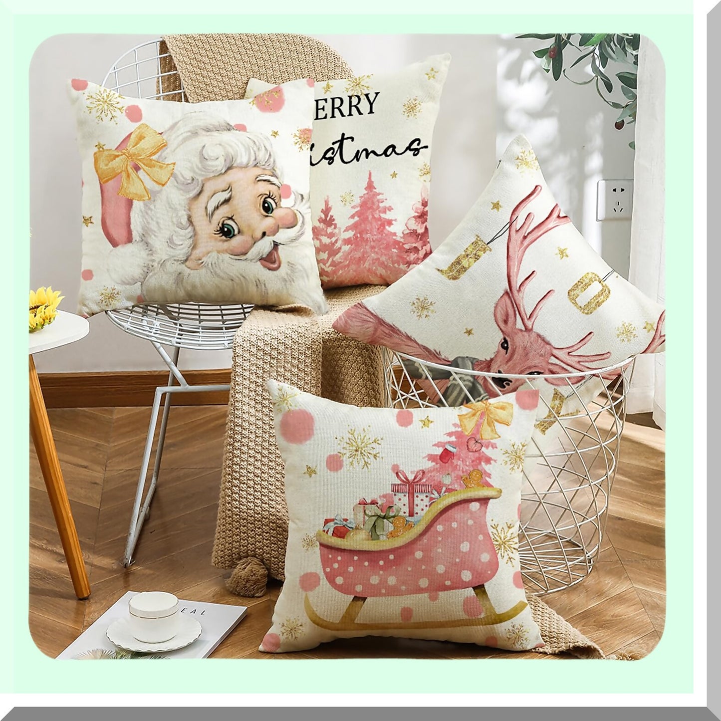 Winter Wonderland Pink Pillow Covers - Set of 4, Merry Tree Reindeer Holiday Xmas Throw Pillows Cover Farmhouse Decoration Linen Pillowcase for Home Sofa Decor