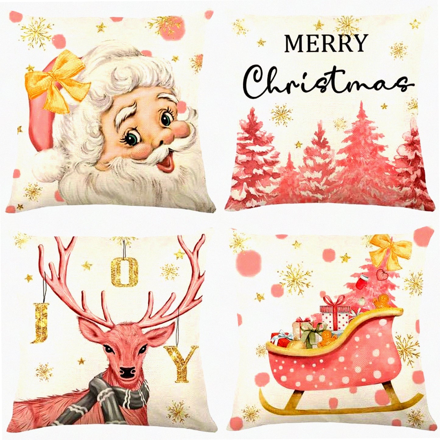 Winter Wonderland Pink Pillow Covers - Set of 4, Merry Tree Reindeer Holiday Xmas Throw Pillows Cover Farmhouse Decoration Linen Pillowcase for Home Sofa Decor