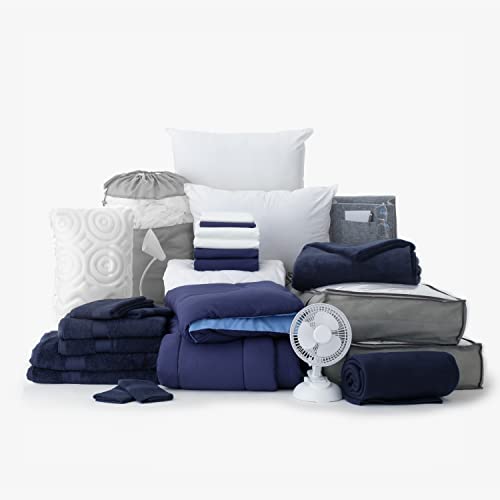 College Dorm Room 27-Piece Varsity Pak  Twin XL  Comforter, Sheets, Pad, Topper, Towels, Organization, Storage  More  Blue and Navy  Clic Blue Solids