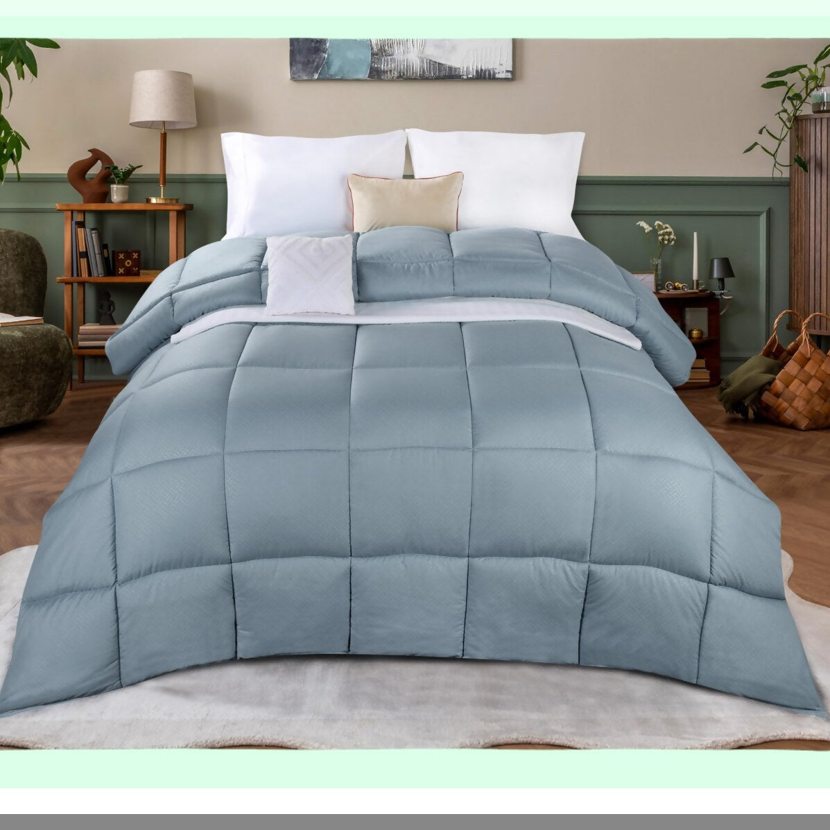 FluffyCloud Comforter - Medium Weight Microfiber Bedding with Box Quilt Design for Twin/Twin XL Beds. Oversized Blanket in Smoke Blue Monochrome.