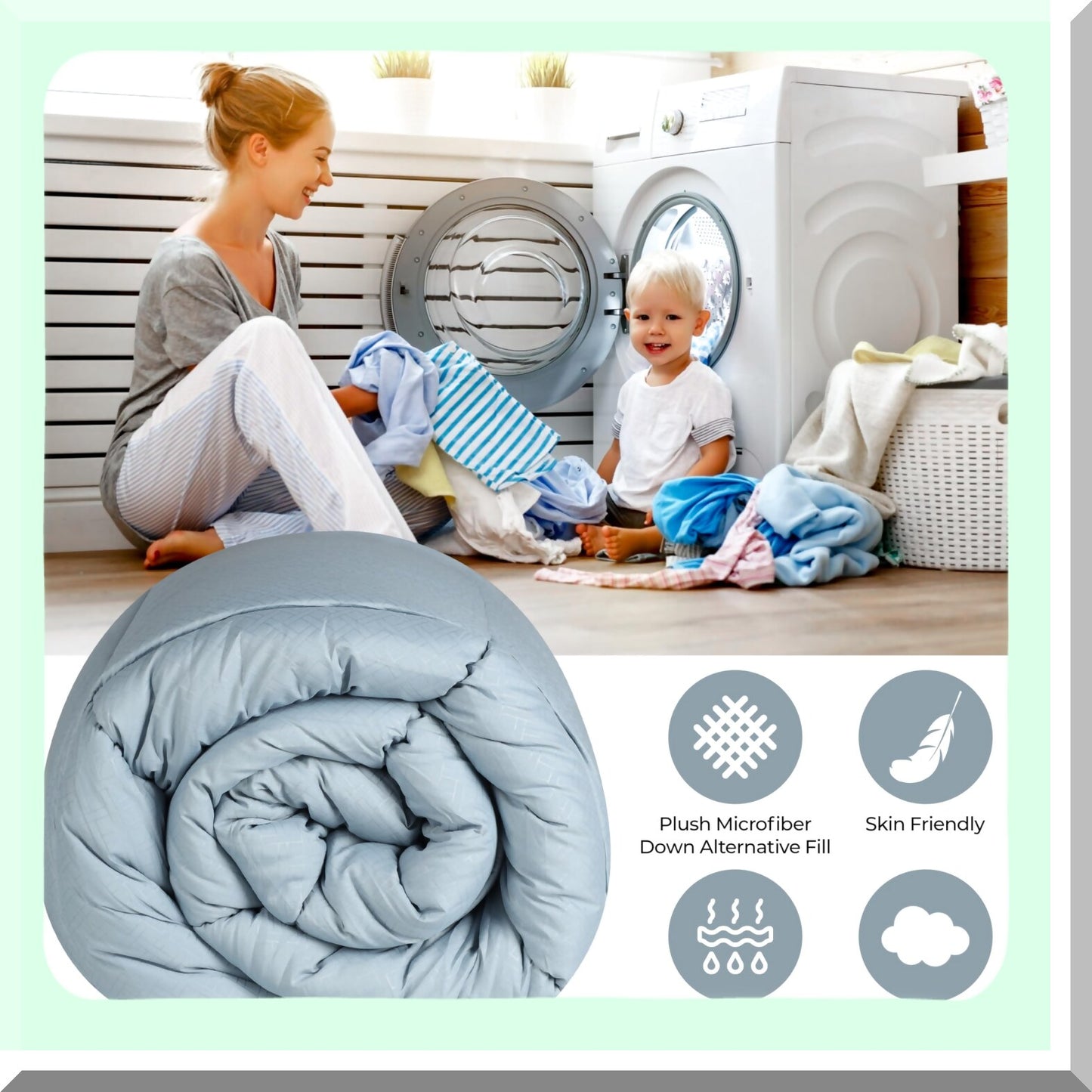 FluffyCloud Comforter - Medium Weight Microfiber Bedding with Box Quilt Design for Twin/Twin XL Beds. Oversized Blanket in Smoke Blue Monochrome.