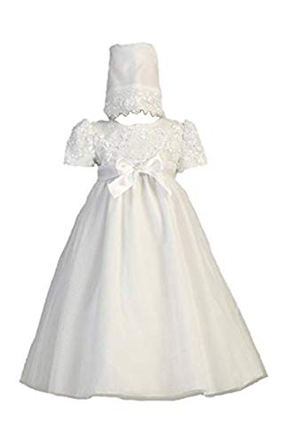 Long White Embroidered   Ribbon Tulle Bodice with Tulle Skirt Baby Girl Christening Baptism Special Occasion   Dress Gown with Matching Hat - S (3-6 Month, 8-12 lbs)