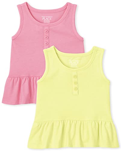 Baby and Toddler Girls Sleeveless Henley Tank Top, Bright Pink/Desert Flower-2 Pack, 12-18 Months